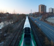 GO Transit train rushing southbound in the Don Valley, Toronto 2011-03-30