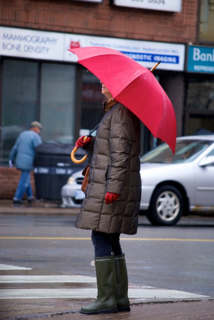 Red umbrella on Danforth Ave, Toronto 2011-03-11