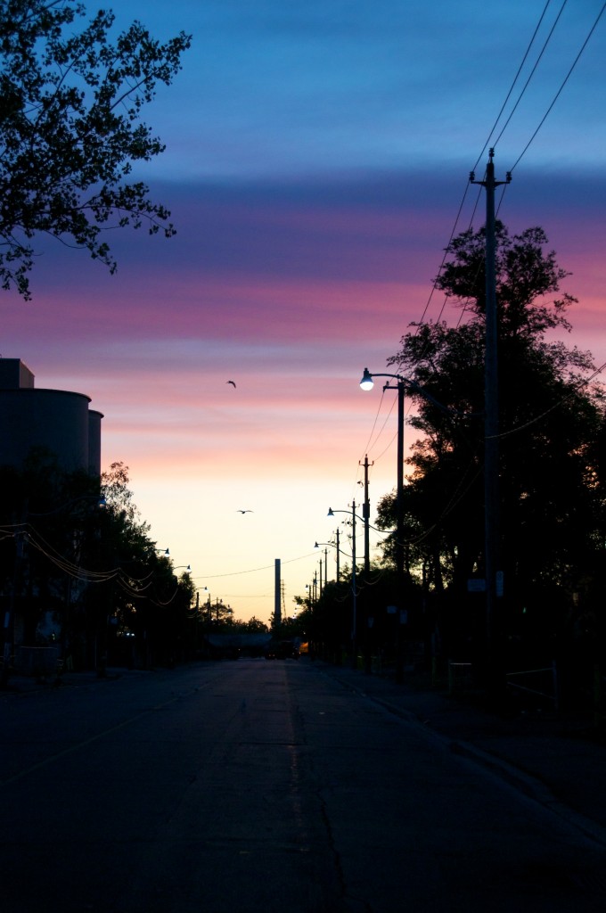 Pink sky over Polson Street, Toronto 