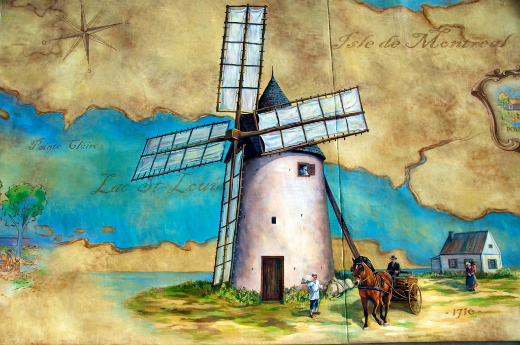 Close-up of wind mill in the mural "La Fresque de l'Épicerie du Village" in Pointe-Claire