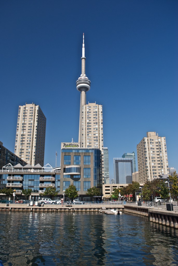 CN Tower viewed across Police Basin in Harbourfront, Toronto 