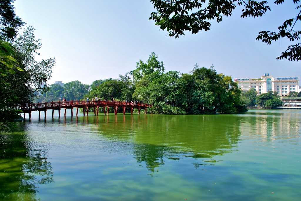 The Huc Bridge leading to Jade Island in Hoan Kiem Lake, Hanoi, Vietnam